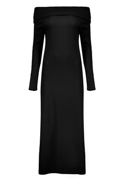 Black Bardot Ribbed Midi Dress